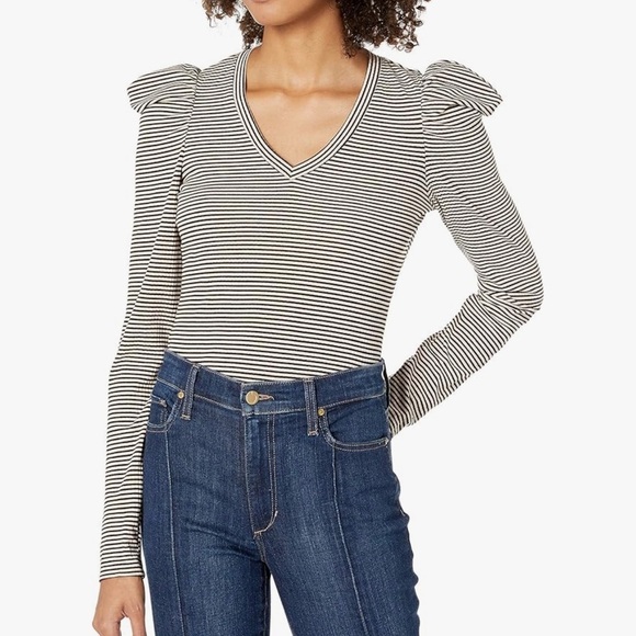 NWT Ella Moss Sandy Drape Gray Striped Top Fitted Puff Shoulder V-Neck Size S - Picture 2 of 9